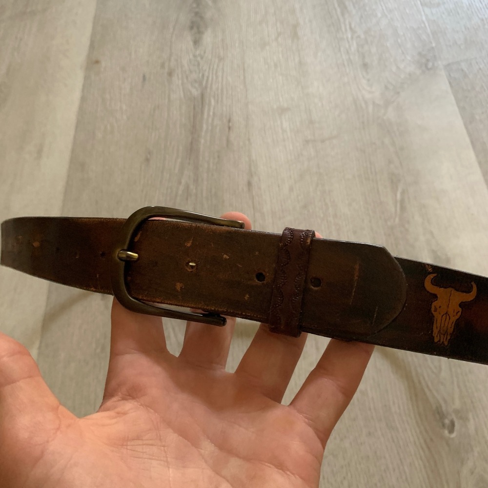 Vintage Handcrafted Brown Leather Western Steer Skull Belt Americana Distressed